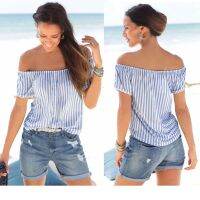 【cw】 European and American Hot off-Neck Short Sleeve Printed Striped Stretch Milk Silk y All-Matching T T-shirt Top 1849