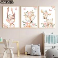 Fox Wall Art Canvas Rabbit Print Deer Canvas Painting Cartoon Animal Posters Flower Nursery Wall Poster Nordic Girl Room Decor