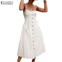 COD DSTGRTYTRUYUY ZANZEA Women Fashion Spaghetti Strap Buttons Holiday Beach Party Casual Smock Dress