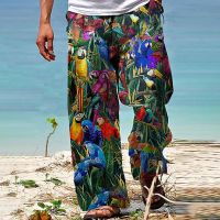 Hawaiian Loose Pants Baggy Trousers Mens Cotton Faux Linen Pants Wide Leg Pants Beach Streetwear Parrot Animal 3D Print Jersey