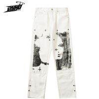 【YD】 Spoof Portrait Graffiti Print Denim Pant Mens Street Loose Jeans 2022 Streetwear Fashion Trouser Straight-Leg