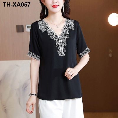 Silk large size embroidered satin women 2023 summer new loose fashion casual short-sleeved V-neck top