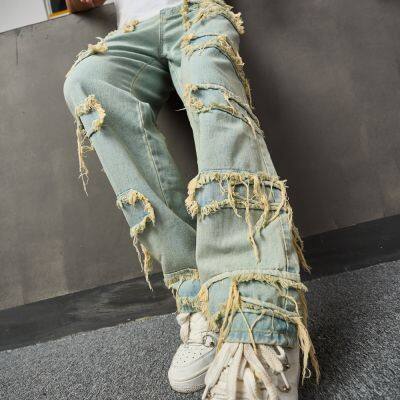 【CC】♤☒▩  Men Streetwear Ripped Loose Jeans Pants Male Straight Denim Trousers