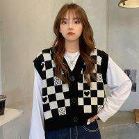 Checkerboard Plaid เสื้อกันหนาวผู้หญิง Vintage พิมพ์ถัก Mini Vest Casual Streetwear Harajuku เสื้อผ้าฤดูใบไม้ร่วง Top...