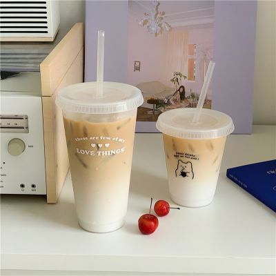 [HOT QIKXGSGHWHG 537] 1ชิ้นน่ารักขวดน้ำสำหรับกาแฟน้ำผลไม้นมชา Kawaii พลาสติกถ้วยเย็นที่มีฝาปิดฟางแบบพกพานำมาใช้ใหม่ดื่มน้ำผลไม้แก้ว