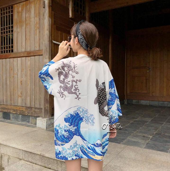 เสื้อคลุมว่ายน้ำ-เสื้อคลุมสไตล์กิโมโน-เสื้อคลุมญีปุ่นแขนยาว-สำหรับเดินชายหาด-เดินเที่ยวห้างแบบสบายๆ-เท่ห์-japanese-kimono-woman-cardigan-shirt-blouse-yukata-haori-obi-clothes-samurai-clothing-female-k