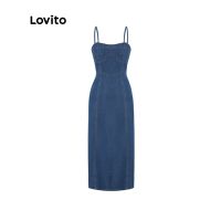 ✑ Lovito Casual Plain Spaghetti Strap A-Line Midi Denim Dress for Women L47ED150 (Blue)