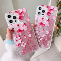 Pink peach blossom for 12 Pro Max 13 12Mini 11 XS XR X SE 2020 6 7 8Plus mobile phone case flashing liquid quicksand case