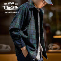 ร้อน, ร้อน★MADEN brand tooling style 2023 autumn new men youth high-quality Japanese retro blue green plaid wool jacket loose thick mens plaid shirt coat