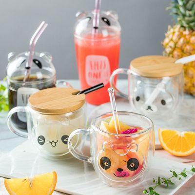 [ใหม่2023] แก้วแก้วผนังคู่โปร่งใสแก้วหมีแมวสุนัขสัตว์แก้วกาแฟเหยือกคริสต์มาสน่ารักของขวัญ Kawaii ชานมขวด
