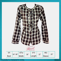 USED Flannel - Brown Plaid Ruffle Shirt | เสื้อเชิ้ตสีน้ำตาล สีขาว ลายสก็อต แขนยาว ระบาย เสื้อเชิ้ตไม่มีปก ทำงาน แท้ มือสอง