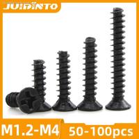 ◘ JUIDINTO 50-100pcs Black Cross Countersunk Flat Head Self Tapping Screw Flat Tail M1.2-M4 Carbon Steel Small Screws