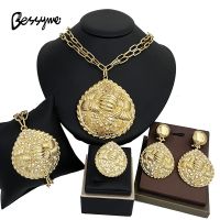 【lz】✸✼✌  18K banhado a ouro conjunto de jóias para mulheres colar de pingente grande brincos anel pulseira acessórios do partido do casamento mais recente Itália