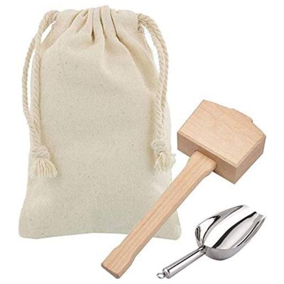 Ice Mallet and Ice Bag - Wood Hammer and Cotton Linen Bag for Crushed Ice, Bartender Kit &amp; Bar Tools Kitchen Accessory