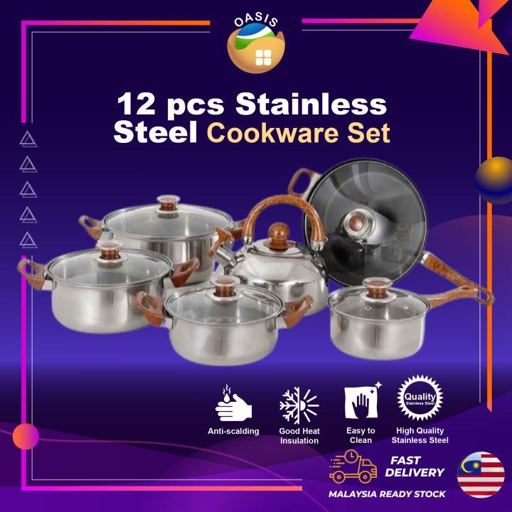 18/10 Thickened Stainless Steel Pot 12Pcs Set Pot Wood Grain Handle with  Kettle Pan Set