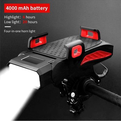 【LZ】✖♚♨  Suporte de telefone móvel 4-em-1 para farol de bicicleta buzina portátil carregamento USB multifuncional impermeável lâmpada acessórios novos