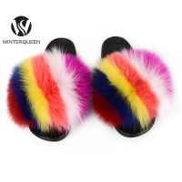 Ladies Fur Slippers Natural Fox Fur Sandals Summer Outdoor Fashion Luxury Wearable Flat Flip-Flops