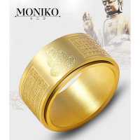 MONIKO 18K แฟชั่นย้อนยุคสแตนเลสหมุนพุทธศาสนาพระคัมภีร์แหวนสำหรับผู้ชายเย็นของขวัญเครื่องประดับ