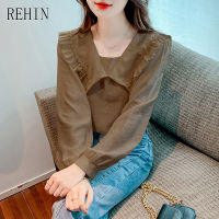 REHIN ผู้หญิงฤดูใบไม้ร่วงใหม่เกาหลีรุ่น Ruffle Lace เย็บ Navy Collar Pullover เสื้อแขนยาว Elegant เสื้อ