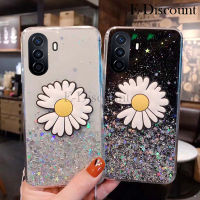 เคสโทรศัพท์ใหม่สำหรับ Huawei Nova Y71 ฝาครอบ กากเพชรส่องแสงเป็นประกายวิบวับรูปดาวพระจันทร์ดอกเบญจมาศซิลิโคนใสพับเป็นขาตั้งสำหรับ Huawei Nova Y71 Y70เคส