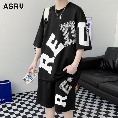 ASRV เสื้อยืดผู้ชาย เสื้อผ้าผู้ชาย t shirt for men เซ็ตเสื้อยืดแขนสั้นทรงหลวมสำหรับผู้ชายเซ็ตเสื้อยืดพิมพ์ลายแฟชั่นบางลำลอง