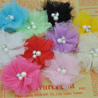 20ชิ้นล็อต2.5 MINI Tulle ตาข่ายดอกไม้ Rhinestone Pearl Center Poof ดอกไม้ Headband อุปกรณ์เสริมผม A260