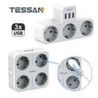 「 ANN Hardware 」 TESSAN ปลั๊กต่อปลั๊ก Eu อเนกประสงค์4 AC พร้อม3 USB 5V/2.4A สวิตช์ป้องกันโอเวอร์โหลด2500W อะแดปเตอร์เครื่องชาร์จติดผนัง