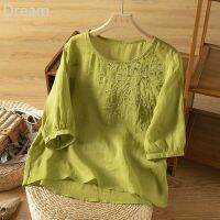 Clearance retro embroidered mid-sleeved T-shirt womens summer loose age-reducing slimming casual temperament top V729