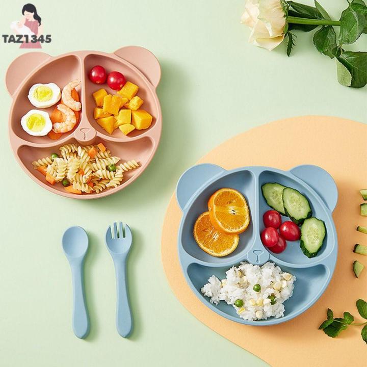 taz1345-น่ารักน่ารักๆ-ของใช้ในครัวเรือน-เครื่องมือฝึกการกิน-เรียนรู้ที่จะกิน-ชุดเครื่องใช้บนโต๊ะอาหาร-หมีสำหรับเด็ก-เด็กตรัสรู้-ช้อนและส้อม-จานอาหารค่ำทารก-จานสำหรับเด็ก-แผ่นดูดซิลิโคน