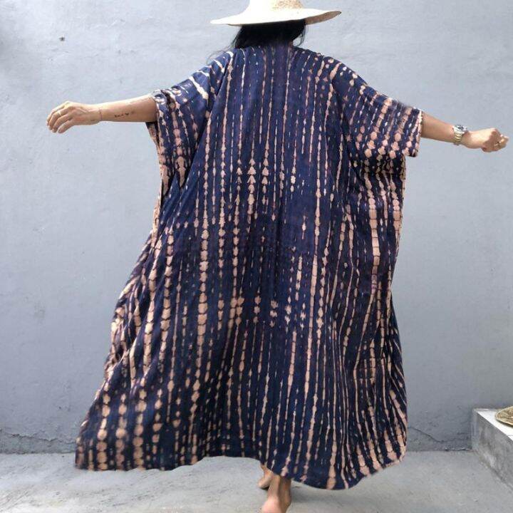 youyo-women-summer-swimsuit-bikini-cover-up-3-4-sleeves-tie-dye-striped-printed-open-front-kimono-cardigan-belted-waist-maxi-long-blouse-beachwear