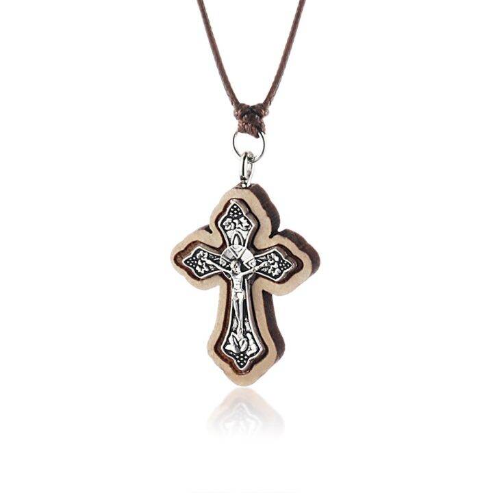 Wood Jesus Cross Pendant Necklace Leather Rope Chain Necklace Men Religious Jewelry Gifts