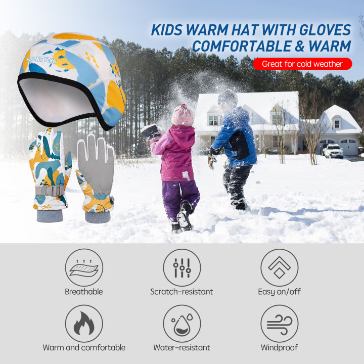ฤดูหนาวที่อบอุ่นหมวกหมวกและถุงมือ2ชิ้นชุดสำหรับเด็ก-windproof-สกีหมวกหมวกกับถุงมือสำหรับสภาพอากาศหนาวเย็นเล่นสกีสเก็ต