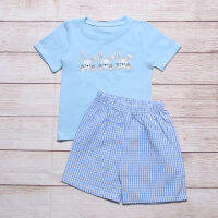 Summer Clothes Blue Short Sleeve Top And Blue Plaid Shorts Easter Three Rabbits Embroidered Pattern Boys Clothes