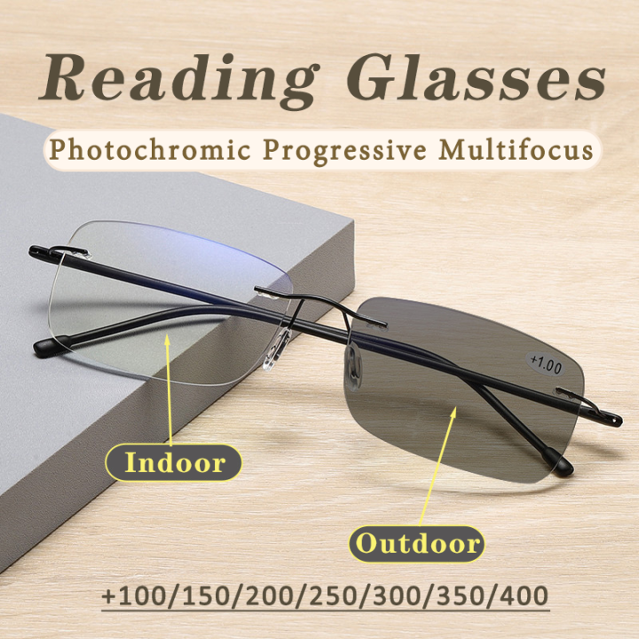 Photochromic Frameless Reading Glasses AntiBlue Light LongSighted Glasses Automatic Zoom