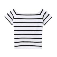 COD dsdgfhgfsdsss T-shirt short kinematics high waist off-shoulder cotton summer new short-sleeved open navel collar womens slim top stripes