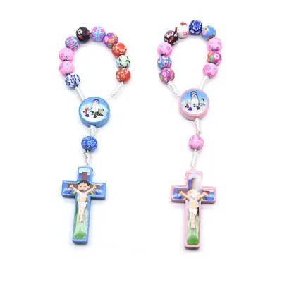 Colorful Clay Beads Cartoon Childrens Cross Rosary Bracelet Jewelry Catholic Holy Christ Cross Prayer Beads Drop Shipping