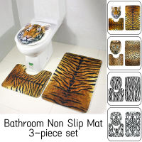 3Pcs Tiger Leopard Pattern Toilet Floor Mat Waterproof Flannel Bathroom Cars Pedestal Rug+Lid Toilet Seat Cover+Bath Mat Pad