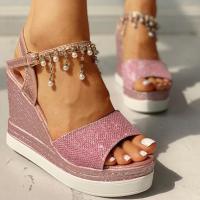 ┋✻ 2021 New Women Wedge Sandals Summer Bead Studded Detail Platform Sandals Buckle Strap Peep Toe Thick Bottom Casual Shoes Ladie