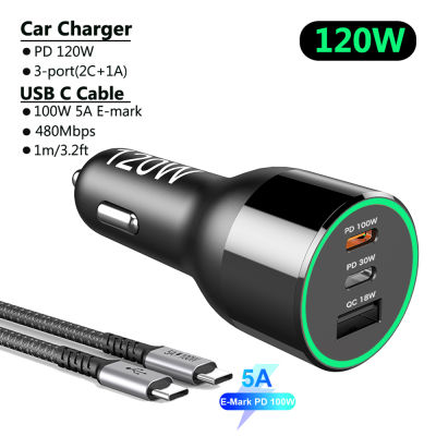 PD Car Charger 120W 3 Port USB C Fast Charge PD 100W PPS 45W 30W QC3.0 For Macbook Type-C Laptop IPhone 13 Samsung Xiaomi Phone