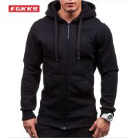 FGKKS Mens Autumn New Hooded Sweatshirt Fashion Solid Color Zipper Hoodies Loose Casual Sports Sweatshirt Cardigan Men