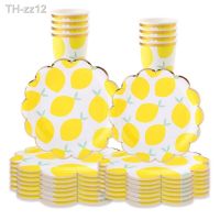 ❍♧⊕ 10Guests Yellow Lemon Disposable Tableware Hawaiian Fruit Plate Napkin Summer Lemon Wedding Happy Birthday Party Decor Kids