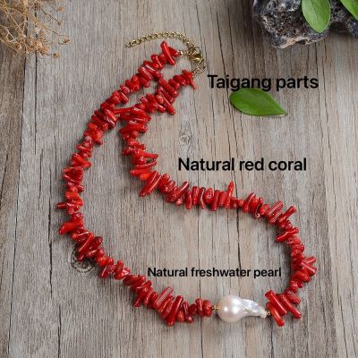 【YF】 pedra preciosa irregular vermelho coral chip natural de água doce pérola jóias que faz acessórios aço inoxidável colar