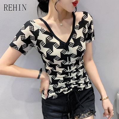 REHIN Women S Top V-Neck Drawstring Strapless Print Short Sleeve ST-Shirt Slim Fit Fashion Elegant Blouse