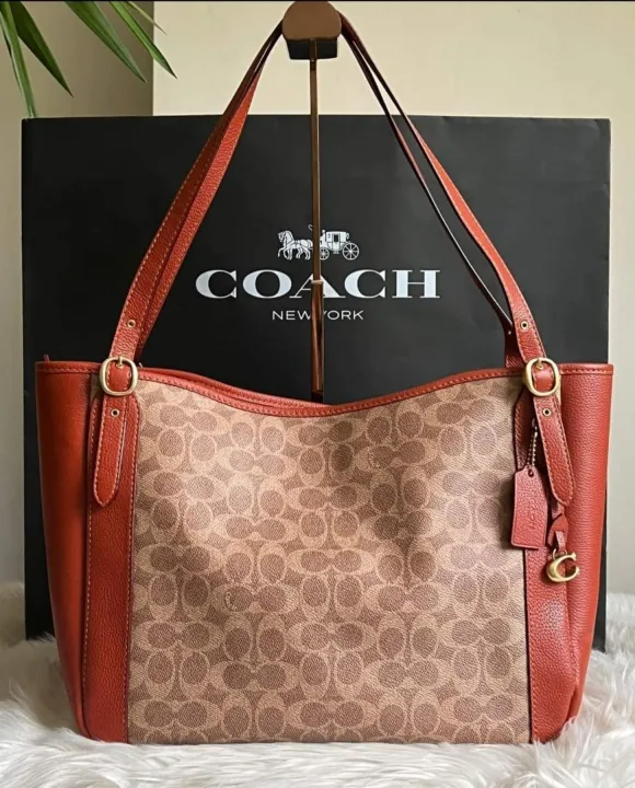 Coach C8354 Alana Zip Tote Bag in Tan Signature Coated Canvas and Rust