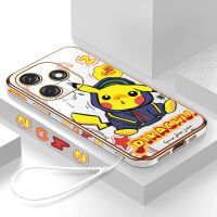 Mop Mall For Tecno Spark 10 Spark 10C ฟรีสายคล้องน่ารักการ์ตูน Pikachu ลวดลายขอบสี่เหลี่ยมชุบเคลือบเคสโทรศัพท์เคสโทรศัพท์นิ่มสุดหรู