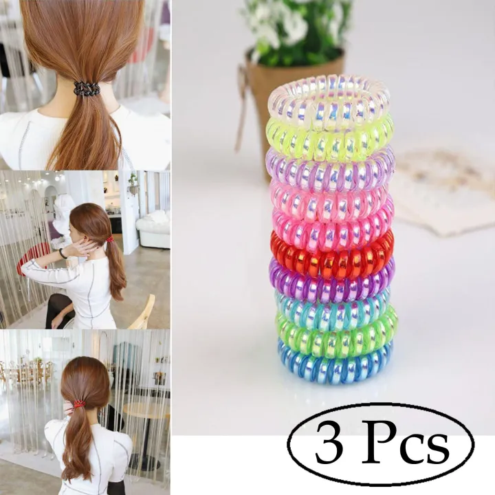 3 Pieces Assorted Color Stretch Telephone Wire Shape Hair Tie Ponytail Holder Lazada PH