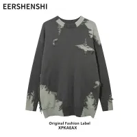 EERSHENSHI เสื้อสเวตเตอร์มีรูขาดแบบอเมริกาแบบย้อนยุคสีตัดกันเสื้อกันหนาวแบบถักฮิปฮอปทรงหลวมและอเนกประสงค์