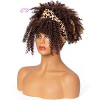 สั้น Afro Kinky Curly Headband วิกผมสังเคราะห์ผู้หญิงผสมสีน้ำตาลวิกผมทุกวันสวมใส่ธรรมชาตินุ่มปุยผมวงผู้หญิงผมปลอม