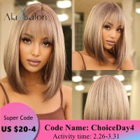 ALAN EATON Short Bob Synthetic Wigs with Bangs Ombre Brown Blonde Wigs for Women Straight Cosplay Party Wig Heat Resistant Hair