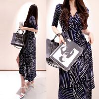 Korea Women Bohemian Beach Wrap Maxi Dresses Half Sleeve V-neck Lace-up Slim Adjustable Ladies Elegant Vintage Holiday